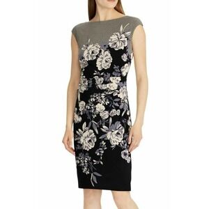 Ralph Lauren Dress Womens 6 Black Floral Ruched Sheath Knee Length Lined Stretch